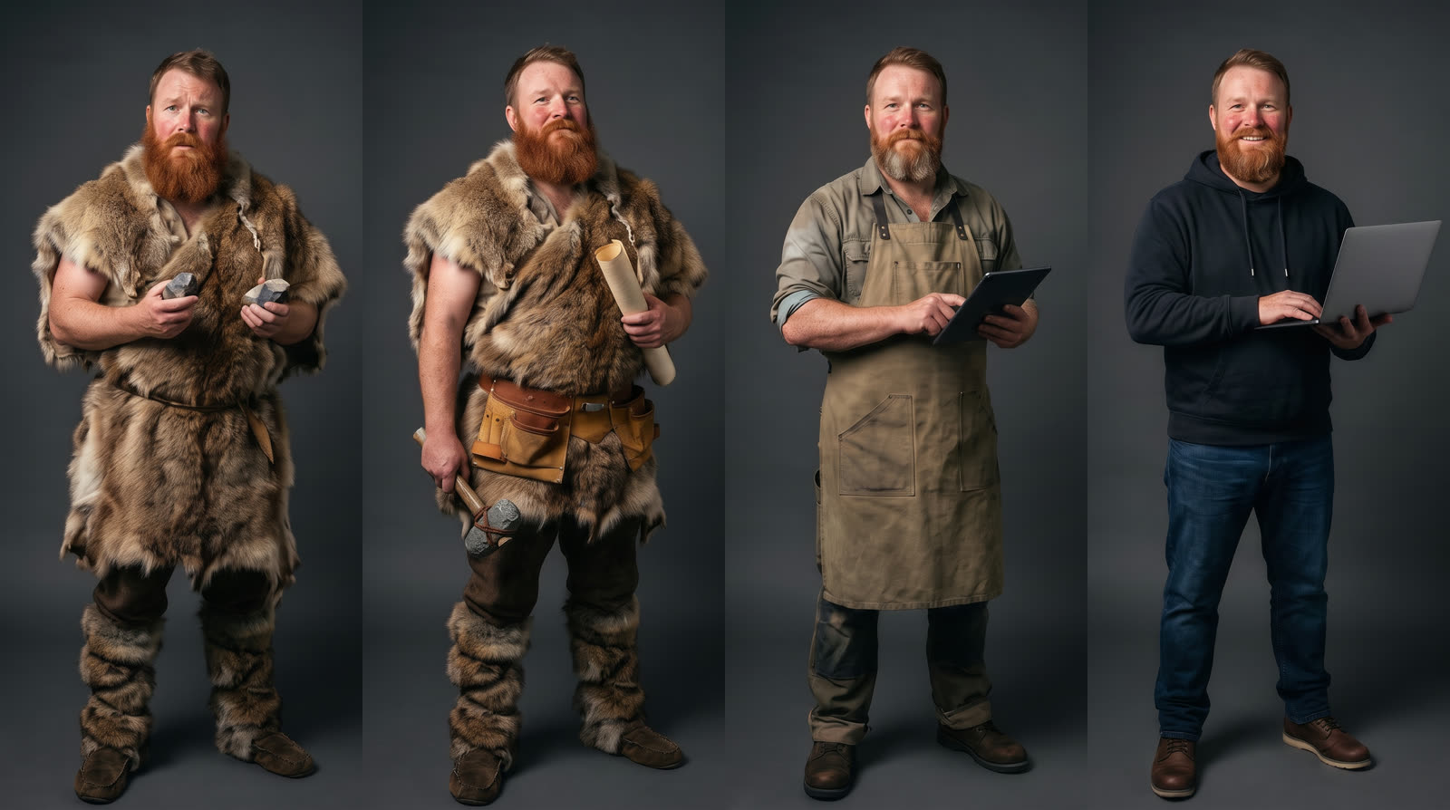 Le même homme en quatre époques : en peaux de bête avec ses silex, avec une ceinture d'outils, en tablier d'atelier, puis en sweat à capuche avec un ordinateur.